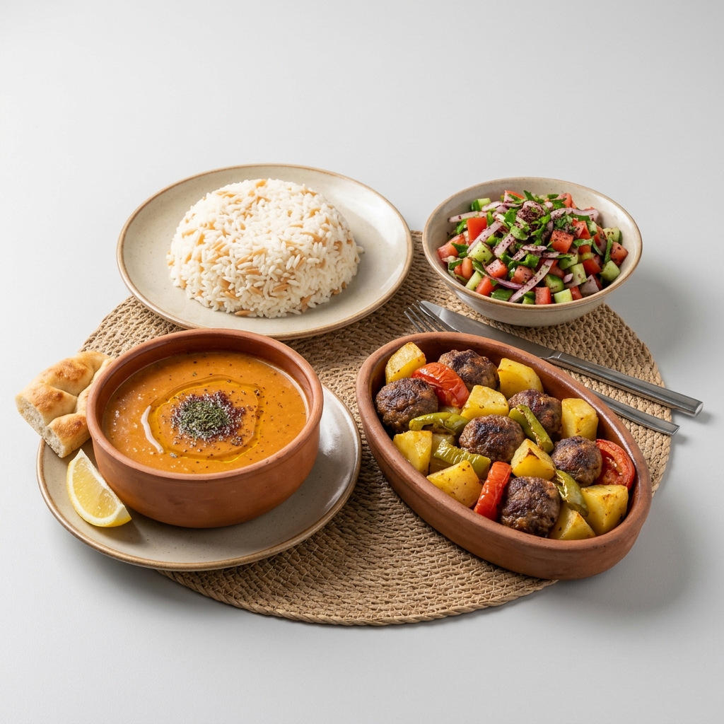 Ezogelin Çorbası- Fırında Köfte Patates-P.Pilavı-Salata