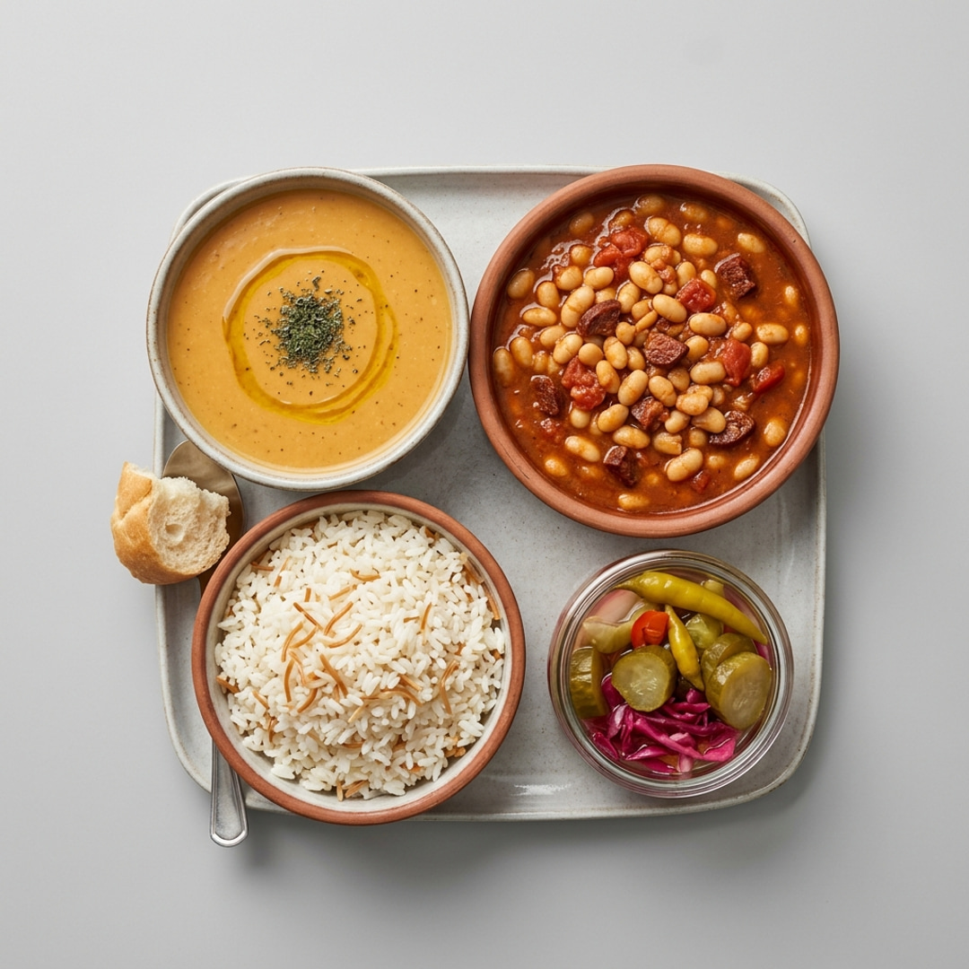 Anne Klasiği ; Mercimek çorbası + Kuru fasulye + Pirinç pilavı + Turşu