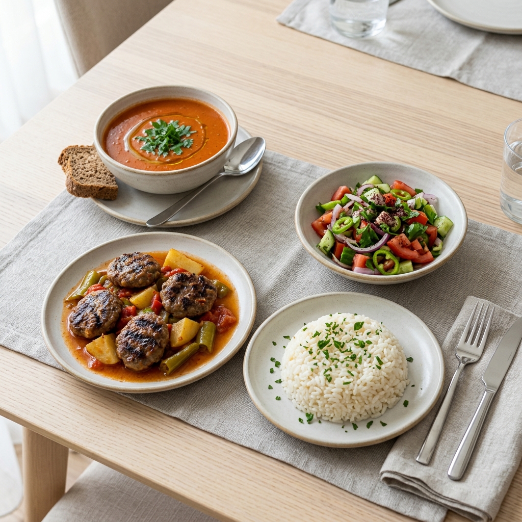 Domates Çorbası- İzmir Köfte- P.Pilavı- Salata