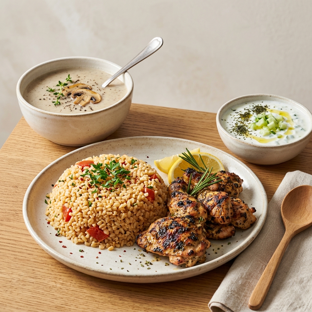 Kremalı Mantar Çorbası-Izgara Tavuk - Bulgur Pilavı - Cacık
