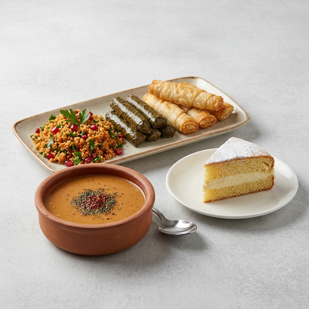 Mercimek Çorbası- Gün Tabağı(Kısır-Yaprak Sarama-Börek) -Alman Pastası