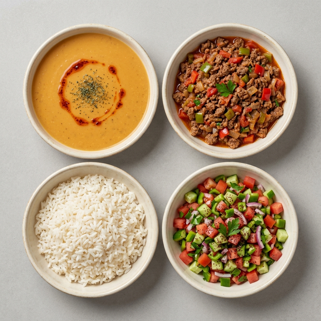 Mercimek Çorbası- Kıyma Sote - P.Pilavı - Salata